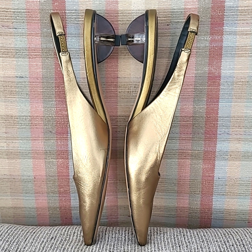 Zara Metallic Gold Genuine Leather Geometric Heel Sling Backs